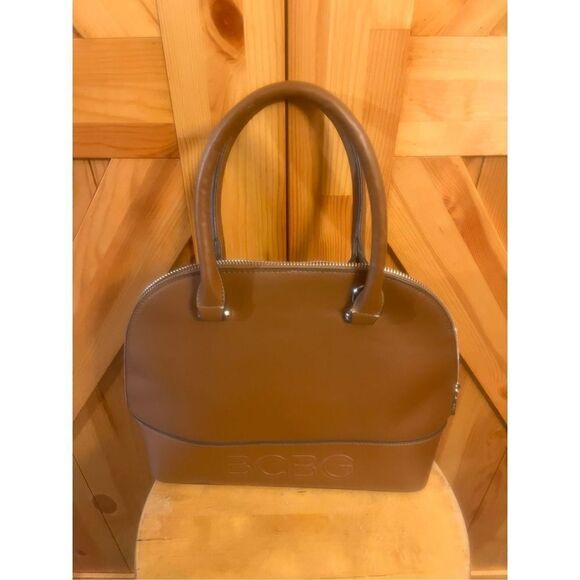 BCBG Womens Brown PVC Leather Dome Satchel Bag Handbag - Picture 1 of 6